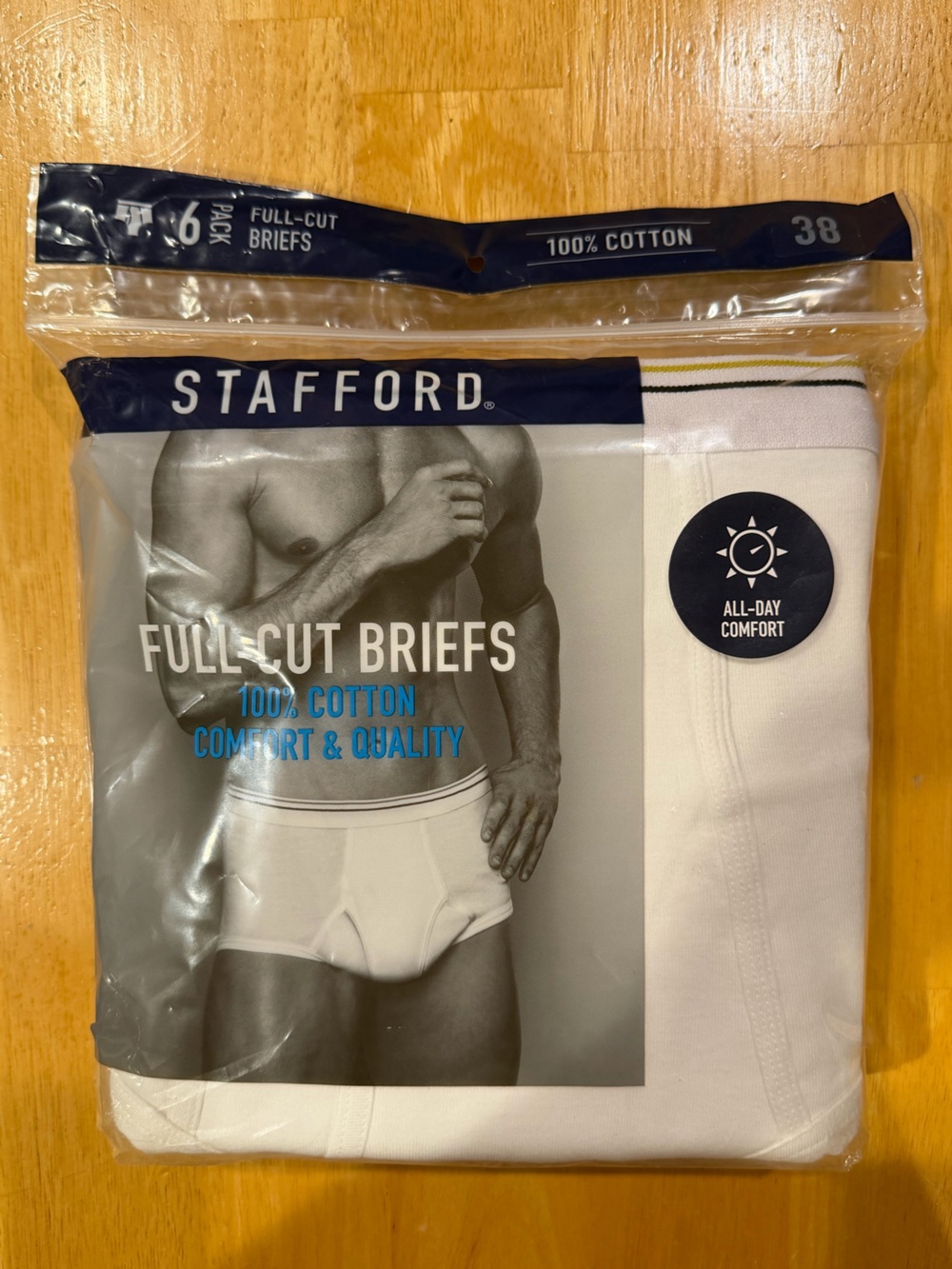 Stafford White Men’s Briefs with Navy & Yellow Waist Trim